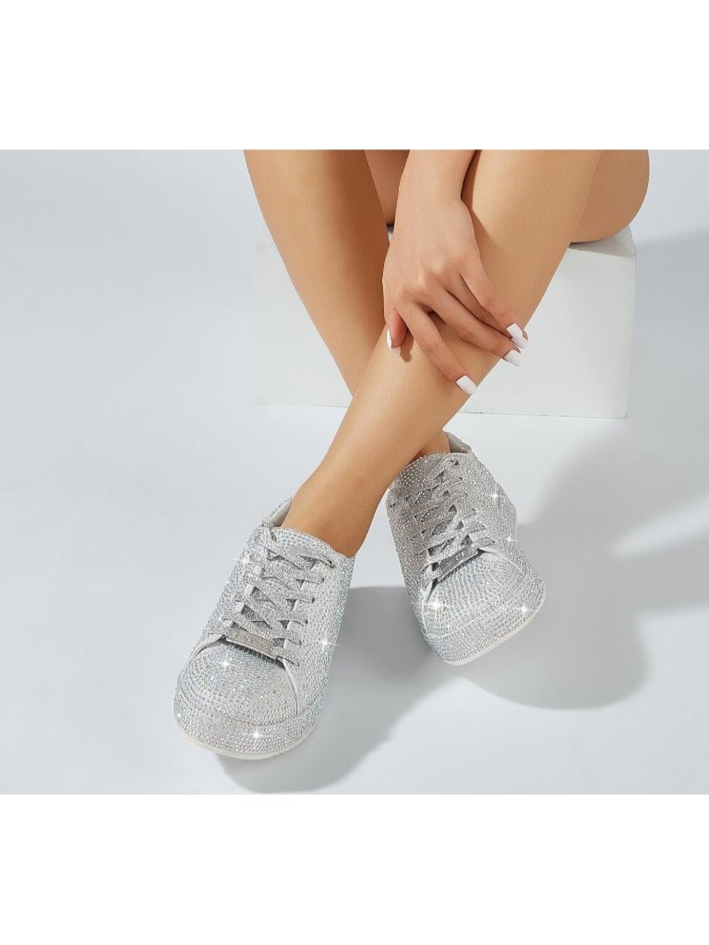 Women's Silver Stylish Sparkly Bling Rhinestone Fashion Glitter Non-Slip Sneaker - Picture 6 of 6